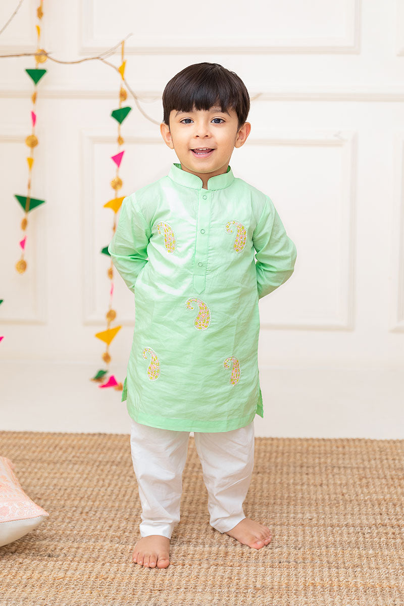 Paisley - Cotton Embroidered Green Kurta paired with Pajama Pants