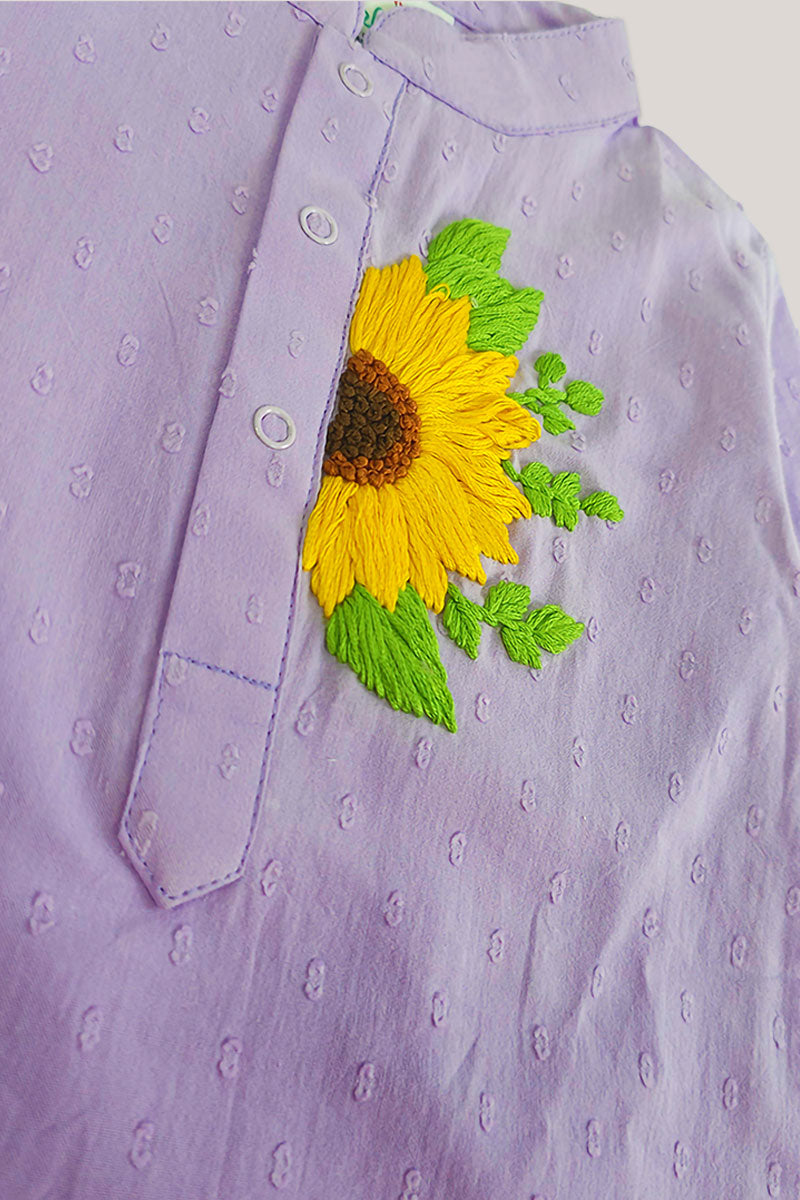 Sunflower - Cotton Hand Embroidered Lilac Kurta paired with Lilac Pajama Pants