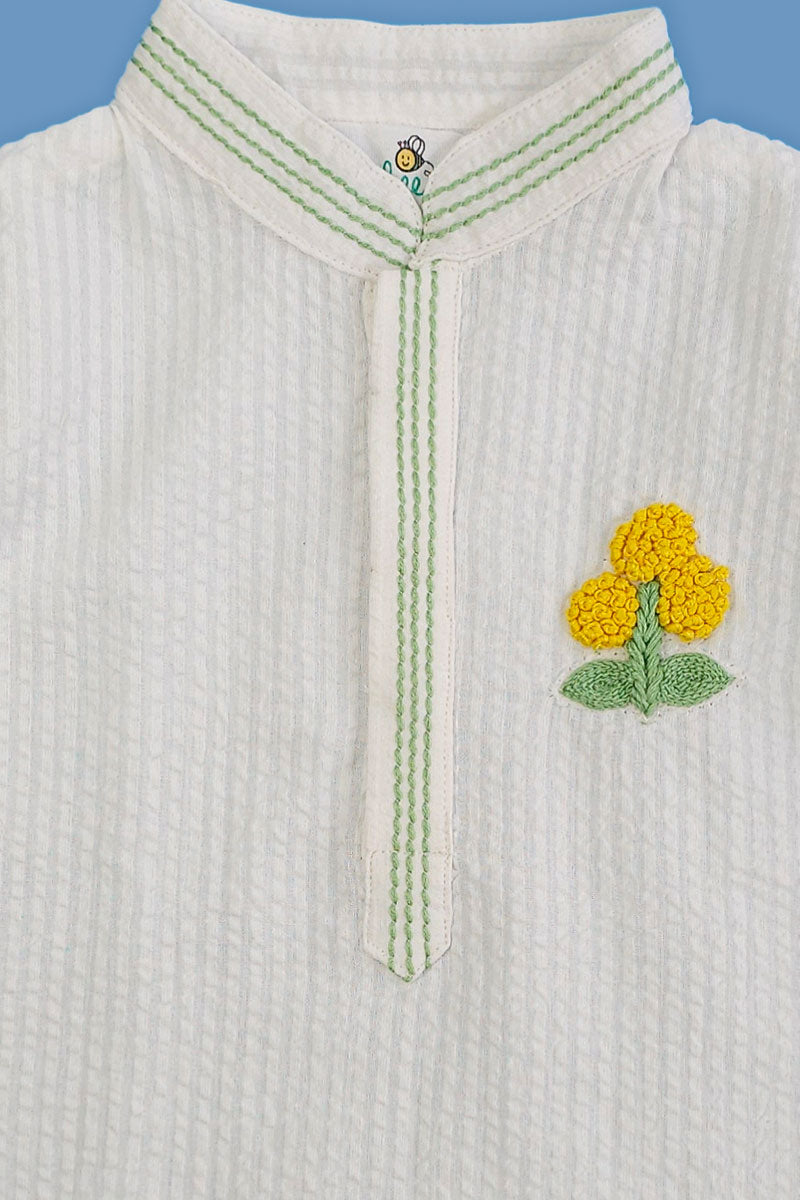 Marigold - Cotton Hand Embroidered White Kurta paired with Pajama Pants