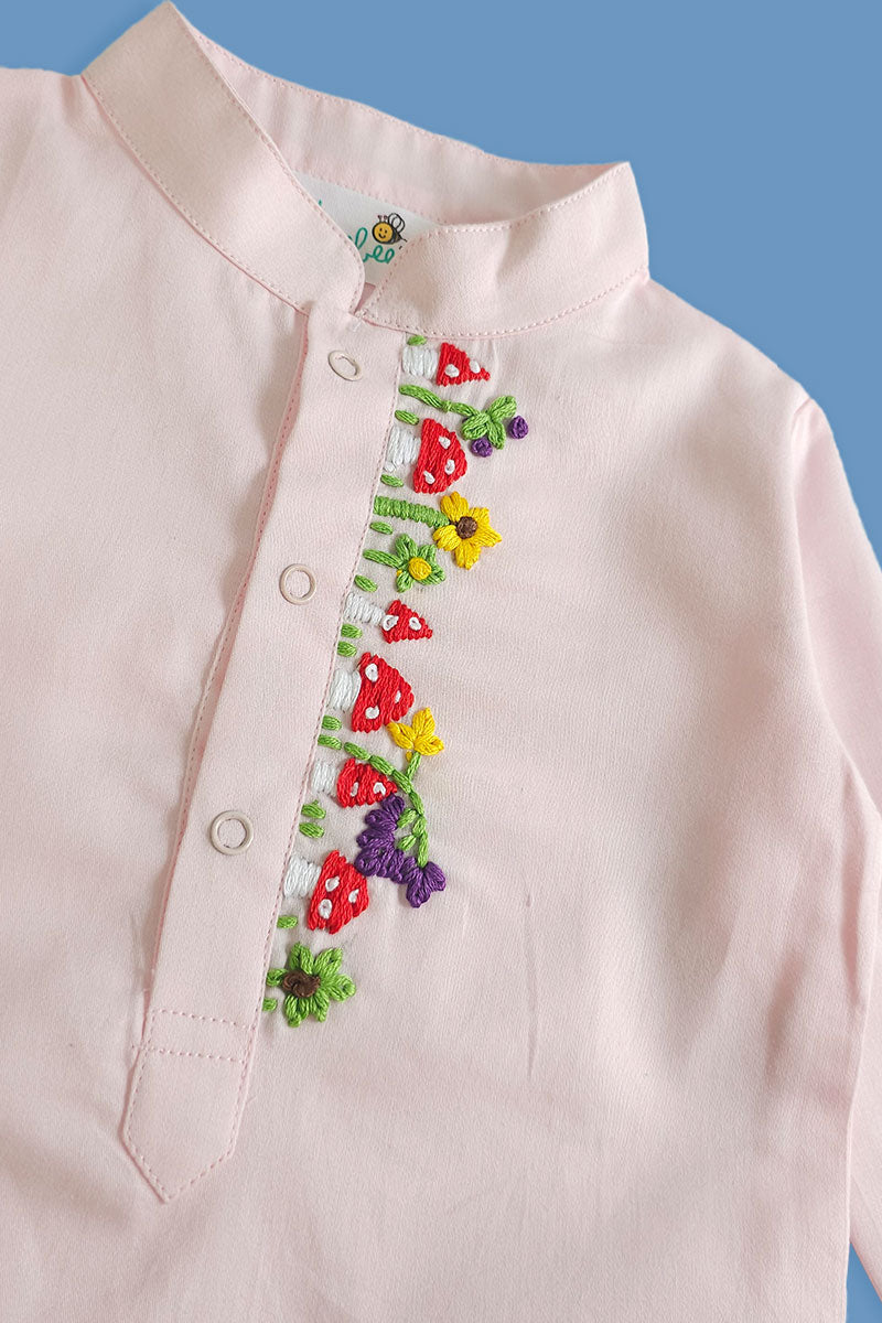 Mushroom - Cotton Hand Embroidered Pastel Pink Kurta paired with Pajama Pants