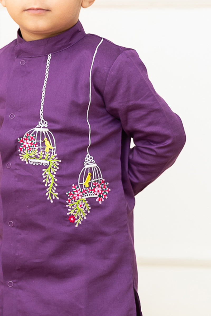 Birdcages - Cotton Embroidered Purple Kurta paired with Patiyala Pants