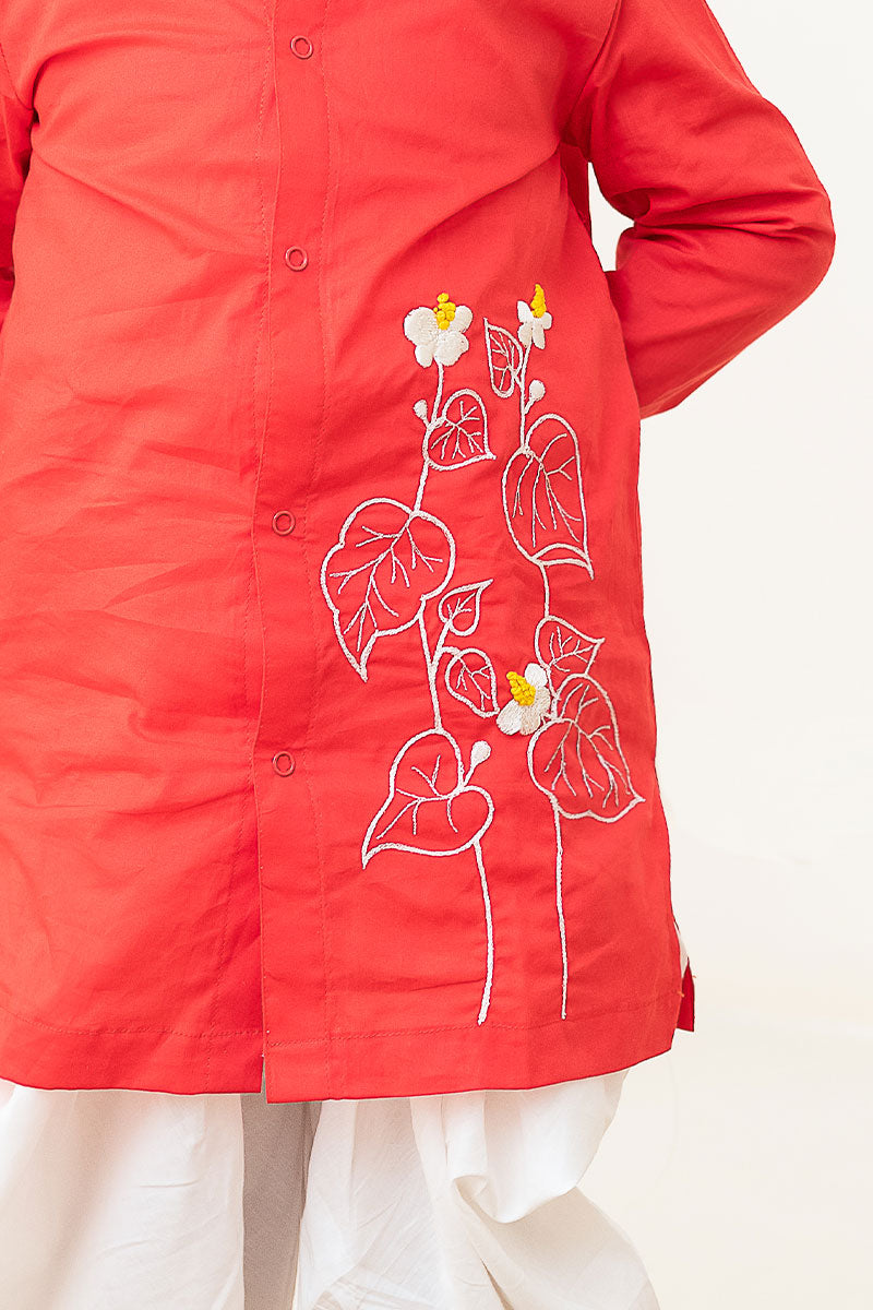 Red Floral Vine - Cotton Embroidered Red Kurta paired with Patiyala Pants