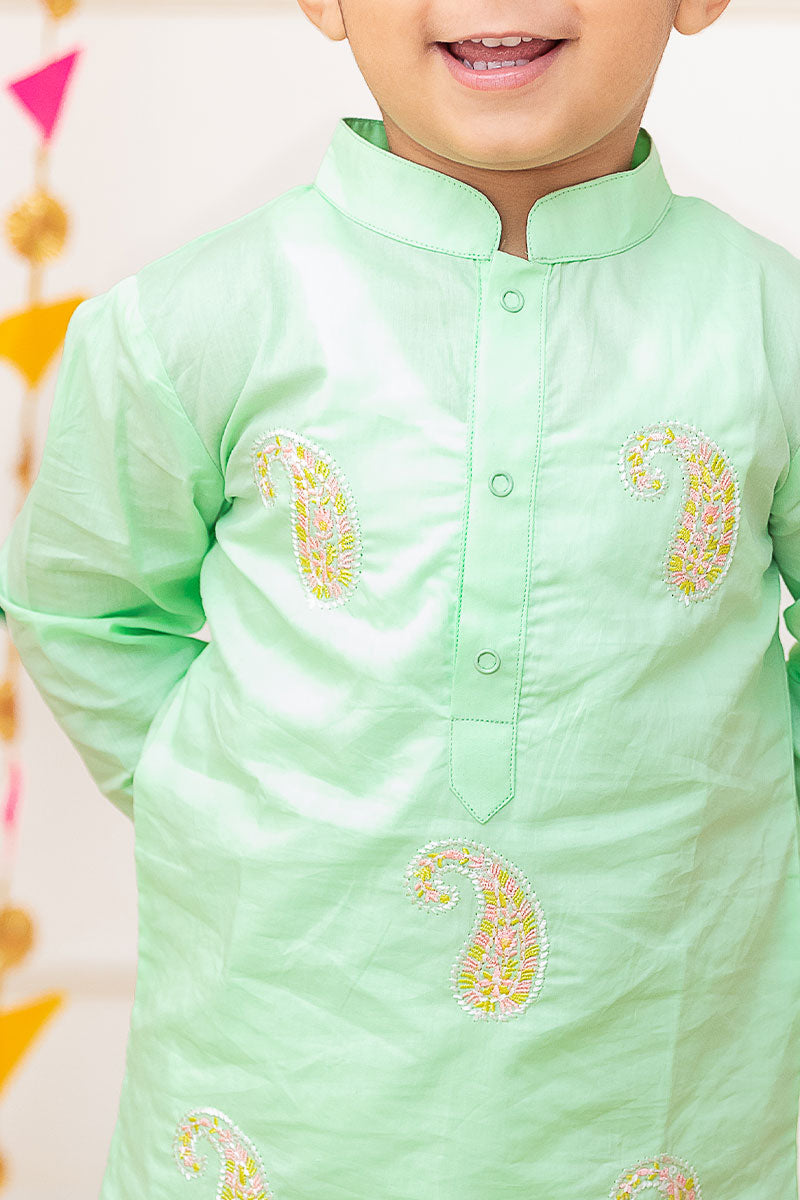 Paisley - Cotton Embroidered Green Kurta paired with Pajama Pants