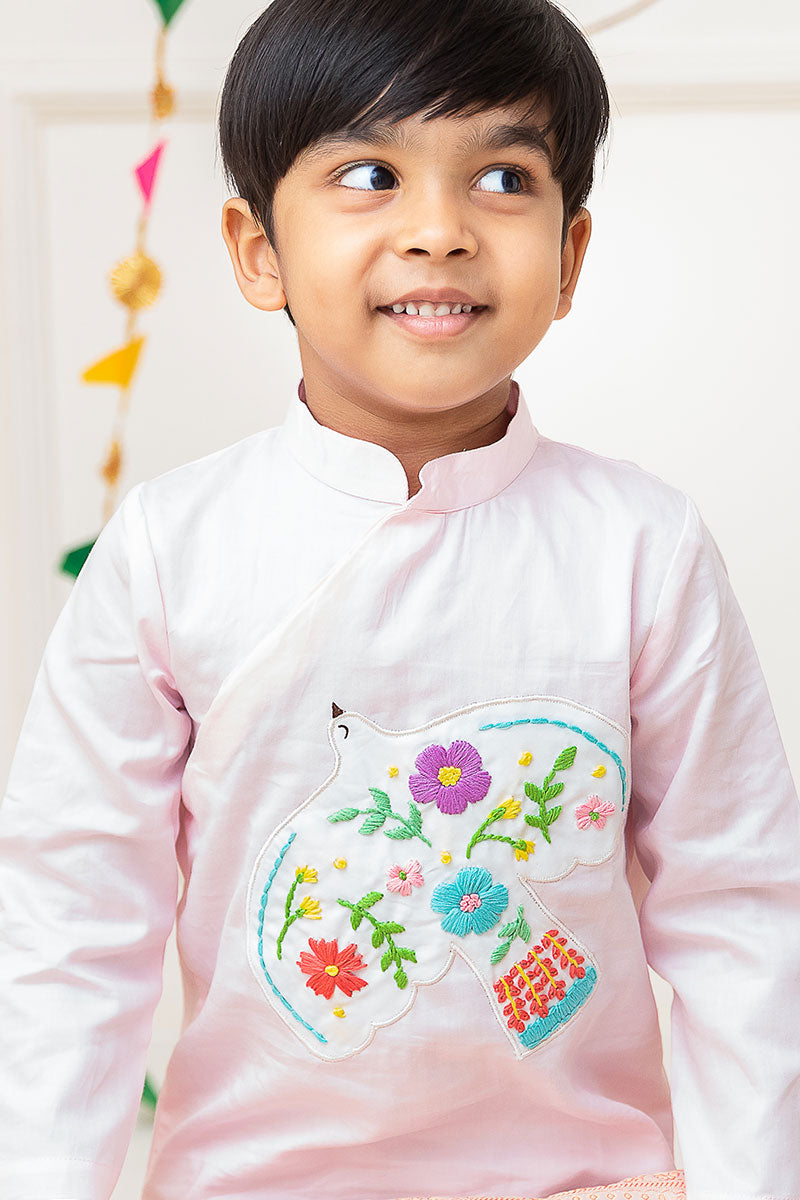 Bird Patch - Cotton Hand Embroidered Pastel Pink Kurta paired with Pajama Pants