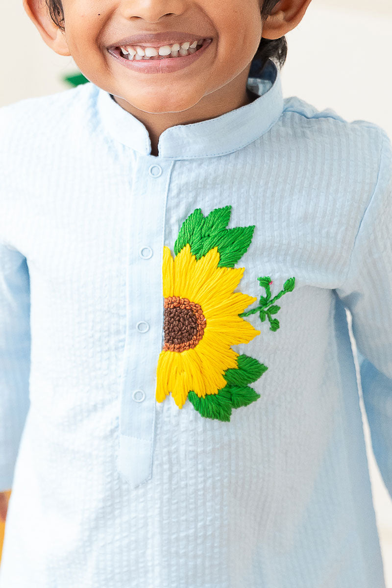 Sunflower - Cotton Hand Embroidered Baby Blue Kurta paired with Baby Blue Pajama Pants