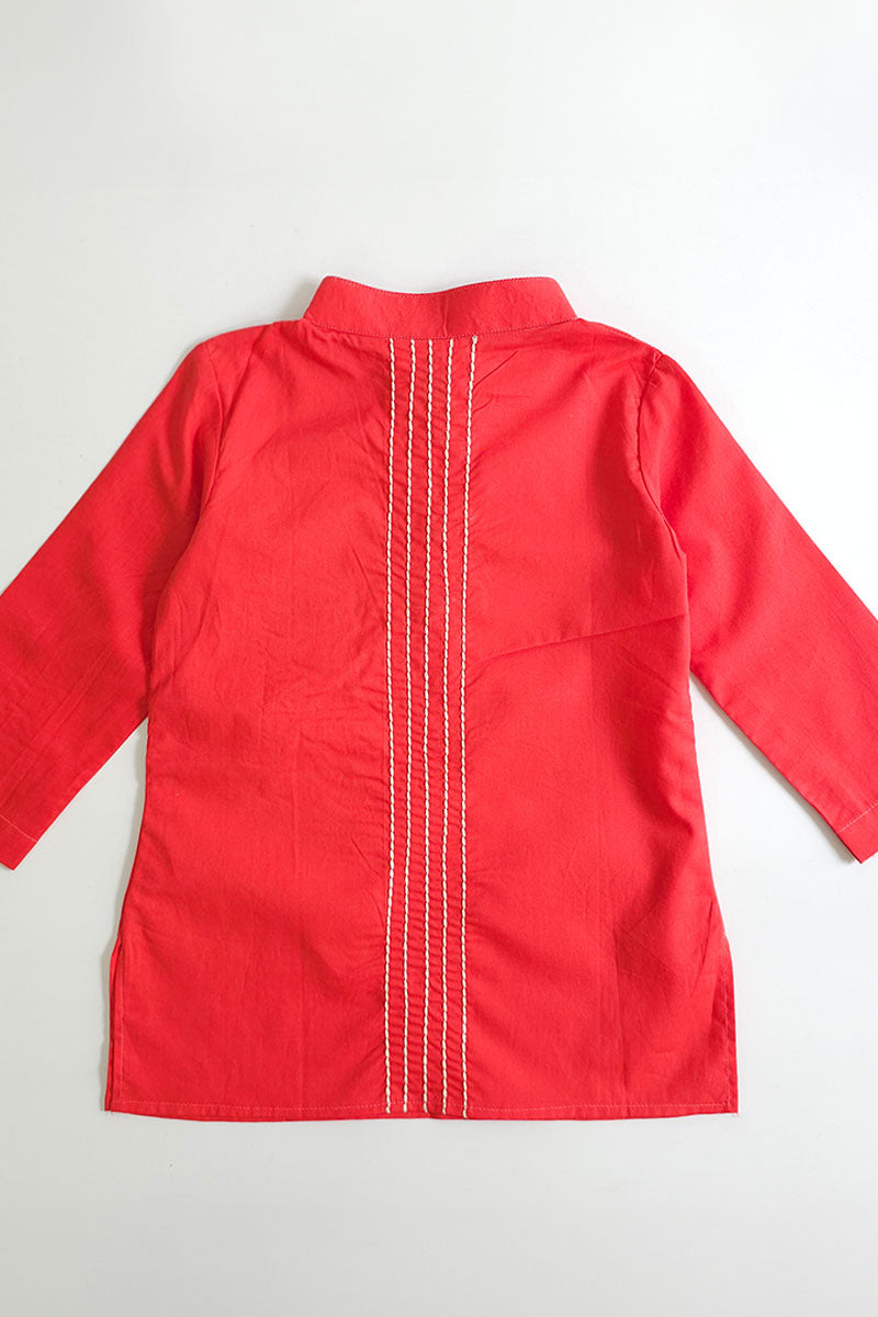 Tiger - Cotton Embroidered Red Kurta paired with Pajama Pants