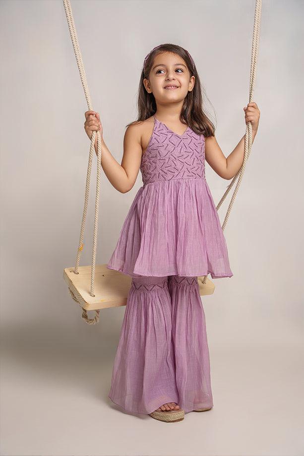 Itsy Bitsy- Lavender Chanderi Silk Hand Embroidered Peplum Top & Gharara Set for Girls - Totdot