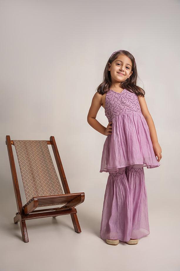 Itsy Bitsy- Lavender Chanderi Silk Hand Embroidered Peplum Top & Gharara Set for Girls - Totdot