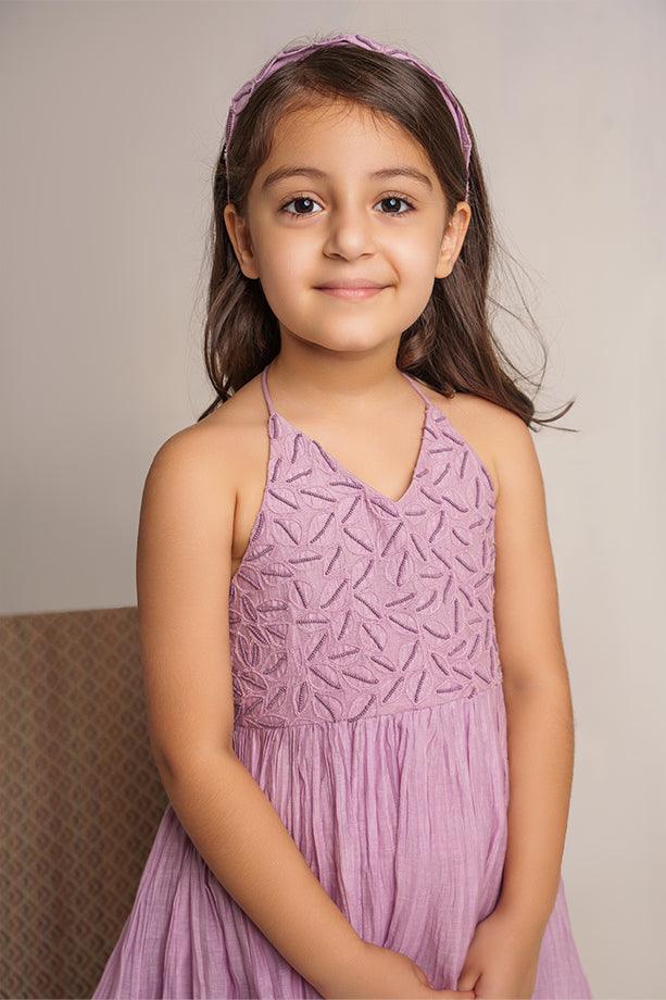 Itsy Bitsy- Lavender Chanderi Silk Hand Embroidered Peplum Top & Gharara Set for Girls - Totdot