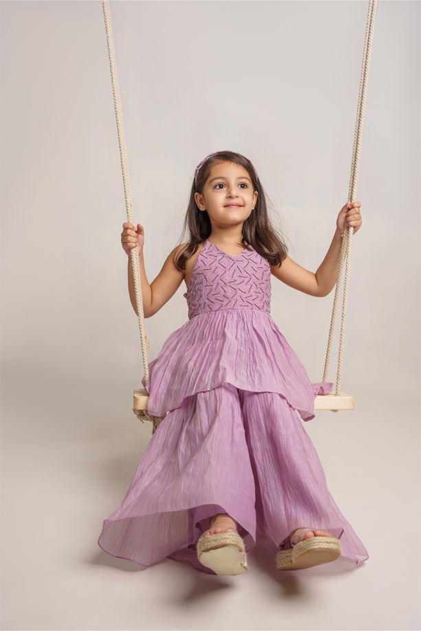 Itsy Bitsy- Lavender Chanderi Silk Hand Embroidered Peplum Top & Gharara Set for Girls - Totdot