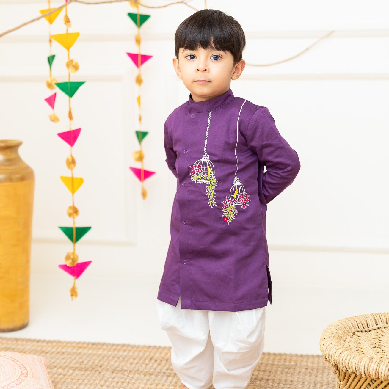 Birdcage Garden – Cotton Embroidered Purple Kurta paired with Dhoti Pants