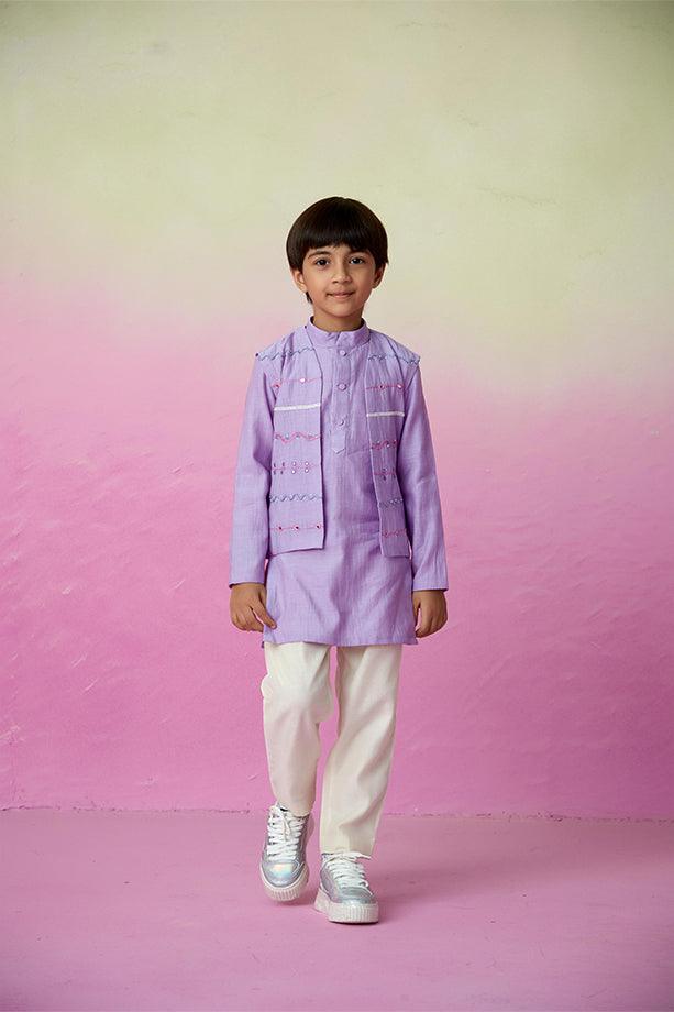 Lavender Skies- Digital Lavender Hand Embroidered Kurta Jacket & Pants Set for Boys - Totdot