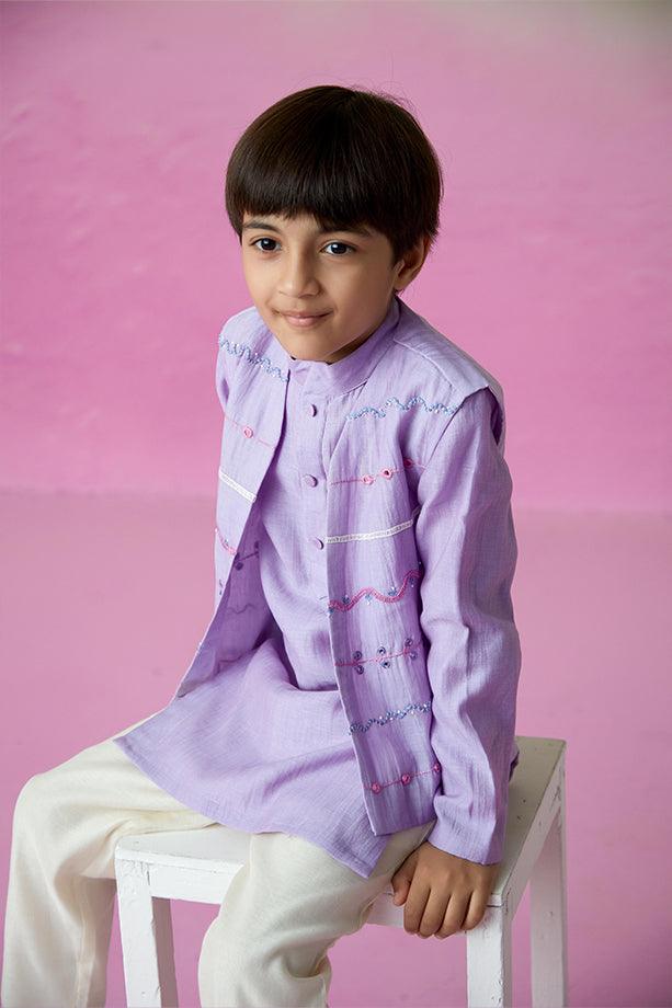 Lavender Skies- Digital Lavender Hand Embroidered Kurta Jacket & Pants Set for Boys - Totdot