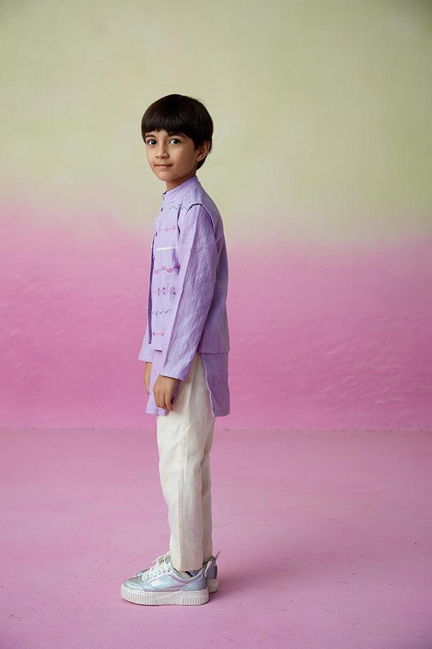 Lavender Skies- Digital Lavender Hand Embroidered Kurta Jacket & Pants Set for Boys - Totdot