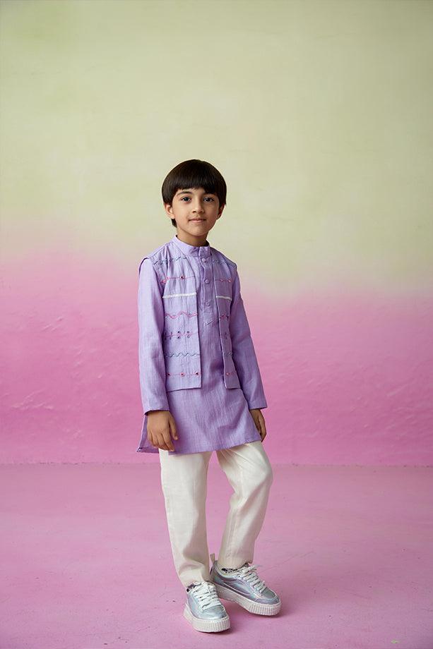 Lavender Skies- Digital Lavender Hand Embroidered Kurta Jacket & Pants Set for Boys - Totdot