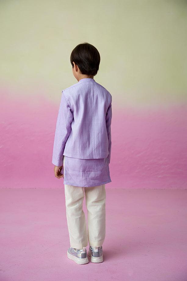 Lavender Skies- Digital Lavender Hand Embroidered Kurta Jacket & Pants Set for Boys - Totdot