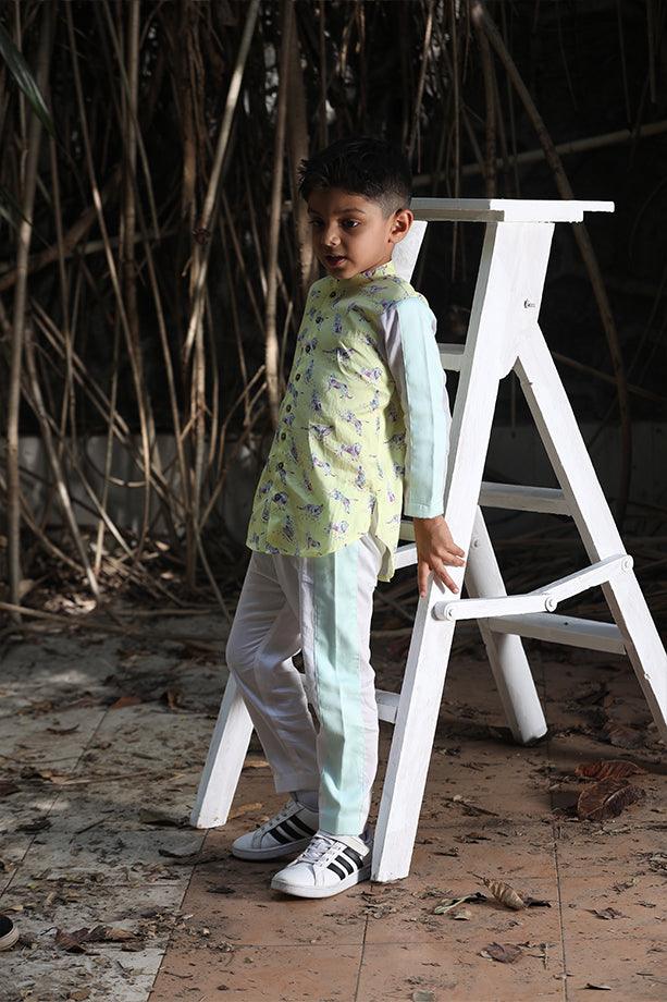 Lemon Yellow Animal Print Shirt Kurta and Off- White Pants Set for Boys - Totdot