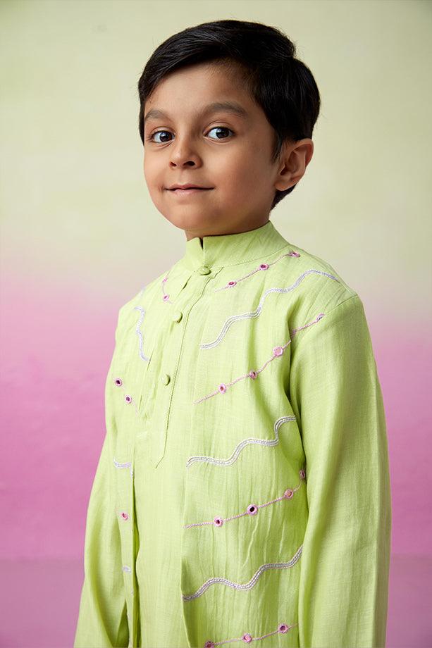 Lime Wire- Lime Hand Embroidered Kurta & Pants Set for Boys - Totdot