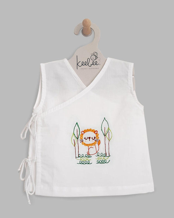 Lion- Organic Cotton Sleeveless Embroidered Unisex Baby Jhabla - Totdot
