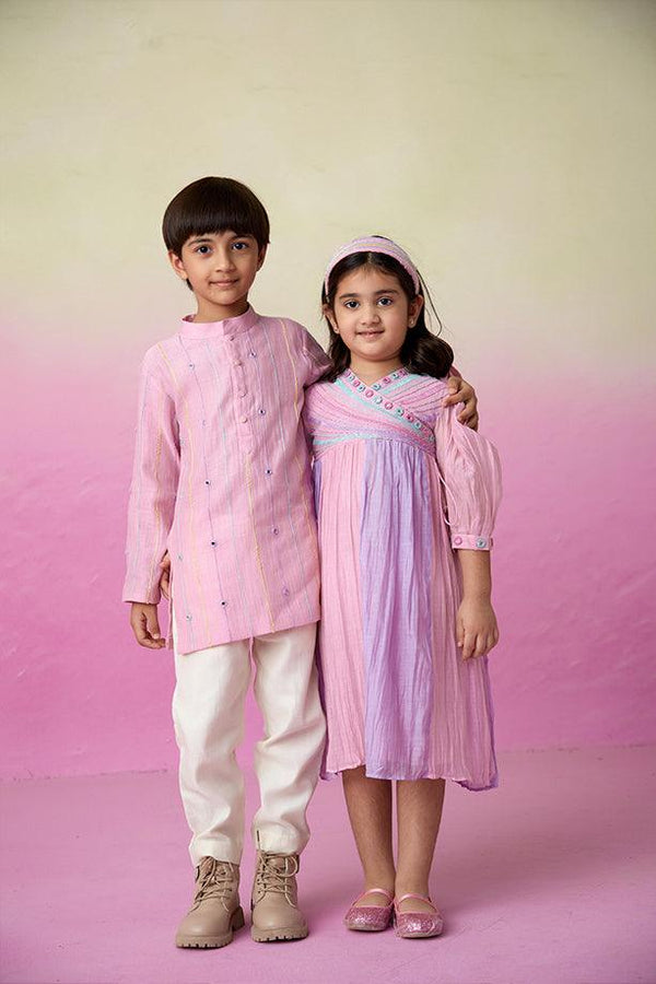 Little Athlete- Orchid Pink Hand Embroidered Kurta & Pants Set for Boys - Totdot