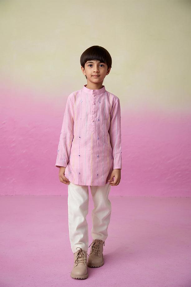 Little Athlete- Orchid Pink Hand Embroidered Kurta & Pants Set for Boys - Totdot