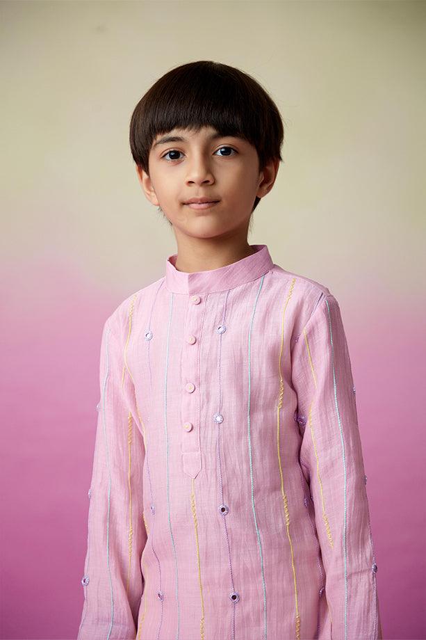 Little Athlete- Orchid Pink Hand Embroidered Kurta & Pants Set for Boys - Totdot