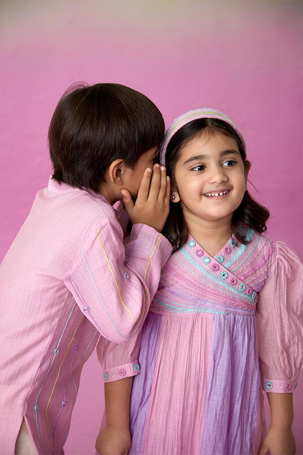 Little Athlete- Orchid Pink Hand Embroidered Kurta & Pants Set for Boys - Totdot