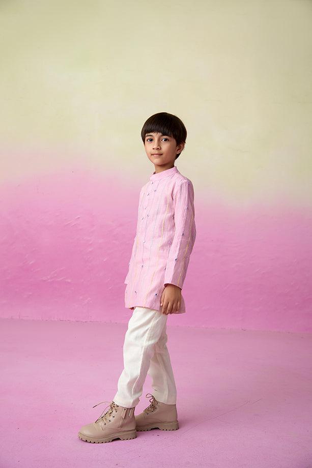 Little Athlete- Orchid Pink Hand Embroidered Kurta & Pants Set for Boys - Totdot