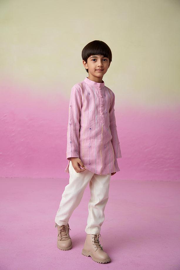 Little Athlete- Orchid Pink Hand Embroidered Kurta & Pants Set for Boys - Totdot