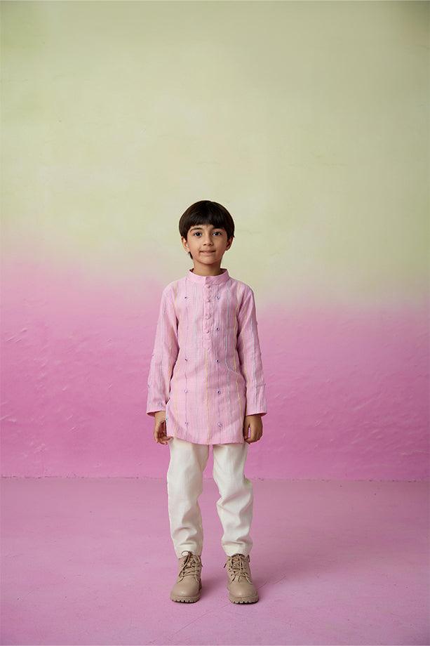 Little Athlete- Orchid Pink Hand Embroidered Kurta & Pants Set for Boys - Totdot