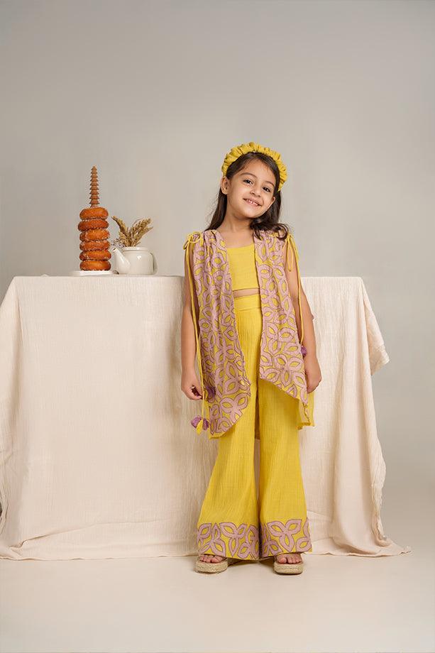 Little Duck- Yellow Chanderi Silk Hand Embroidered Jacket, Crop Top, & Flared Pants Set for Girls - Totdot