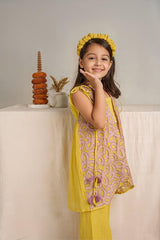 Little Duck- Yellow Chanderi Silk Hand Embroidered Jacket, Crop Top, & Flared Pants Set for Girls - Totdot
