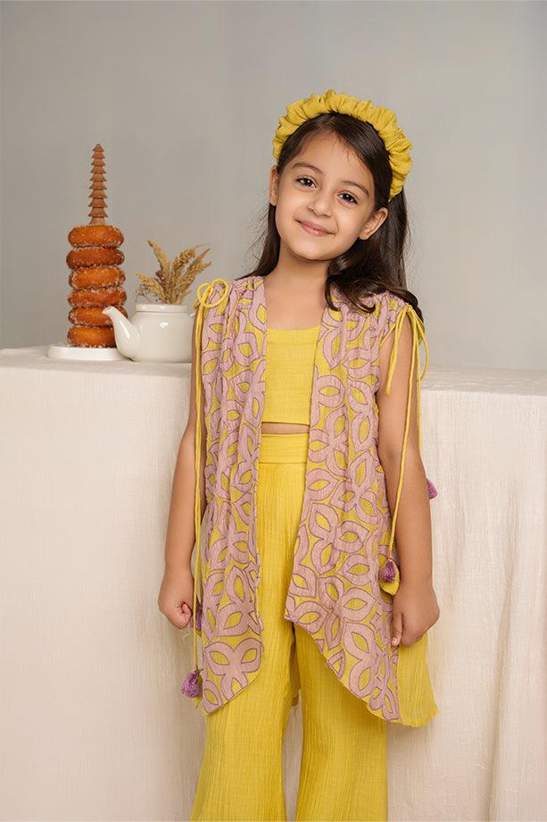 Little Duck- Yellow Chanderi Silk Hand Embroidered Jacket, Crop Top, & Flared Pants Set for Girls - Totdot