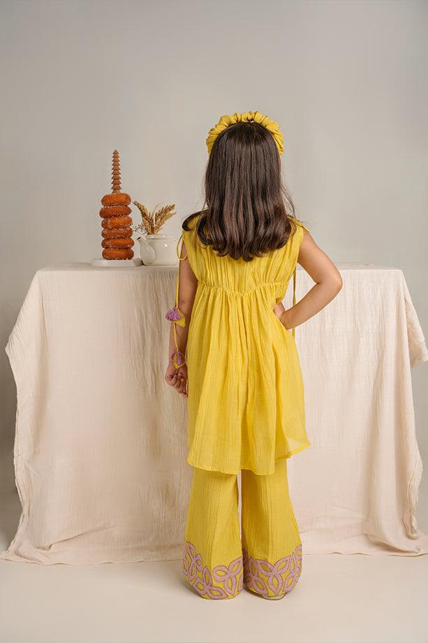 Little Duck- Yellow Chanderi Silk Hand Embroidered Jacket, Crop Top, & Flared Pants Set for Girls - Totdot