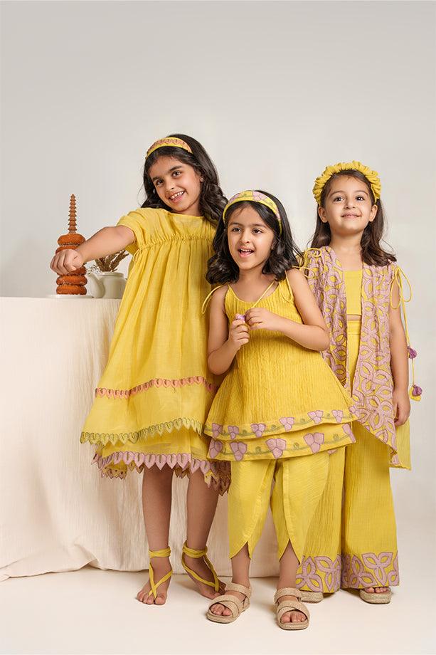 Little Duck- Yellow Chanderi Silk Hand Embroidered Jacket, Crop Top, & Flared Pants Set for Girls - Totdot