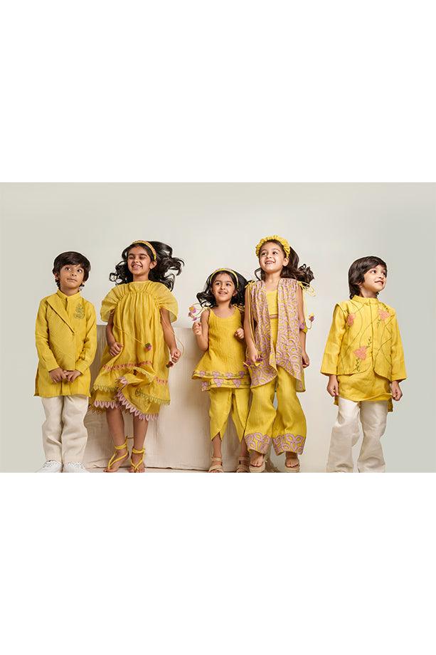 Little Duck- Yellow Chanderi Silk Hand Embroidered Jacket, Crop Top, & Flared Pants Set for Girls - Totdot