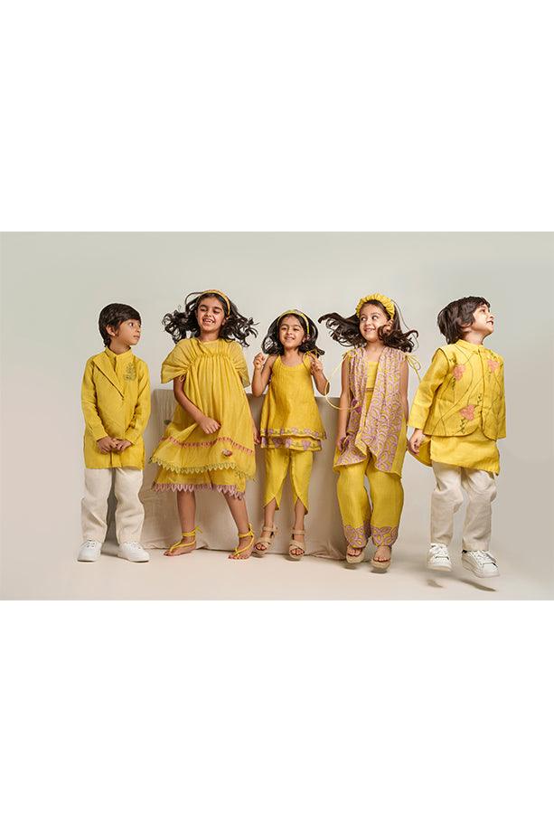 Little Duck- Yellow Chanderi Silk Hand Embroidered Jacket, Crop Top, & Flared Pants Set for Girls - Totdot