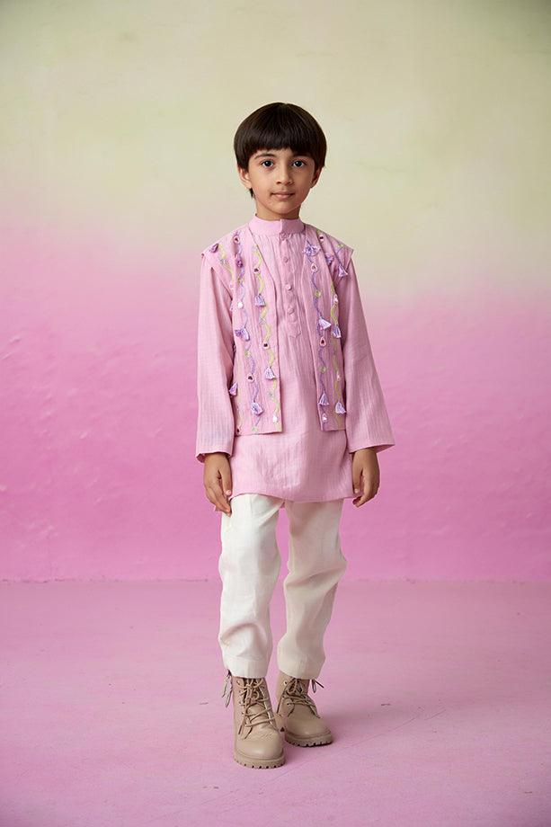 Little Explorer- Orchid Pink Hand Embroidered Kurta Jacket & Pants Set for Boys - Totdot