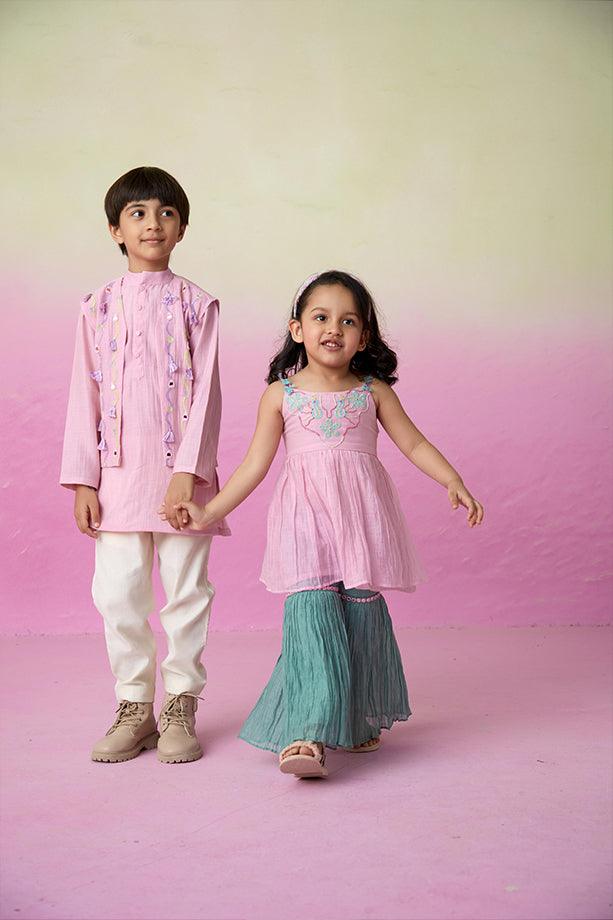 Little Explorer- Orchid Pink Hand Embroidered Kurta Jacket & Pants Set for Boys - Totdot