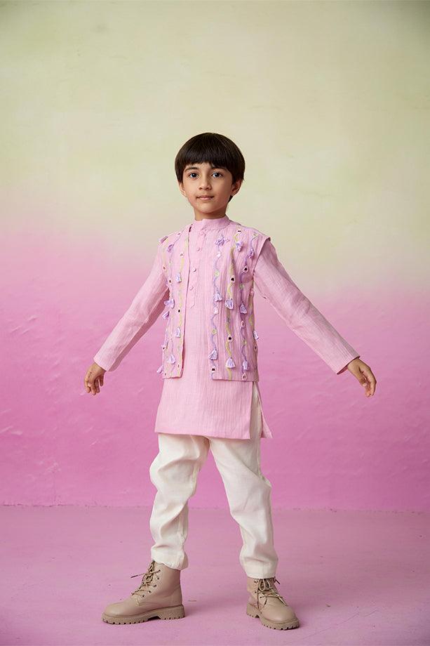 Little Explorer- Orchid Pink Hand Embroidered Kurta Jacket & Pants Set for Boys - Totdot