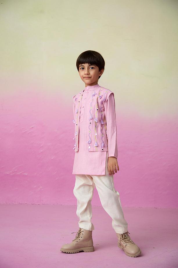 Little Explorer- Orchid Pink Hand Embroidered Kurta Jacket & Pants Set for Boys - Totdot