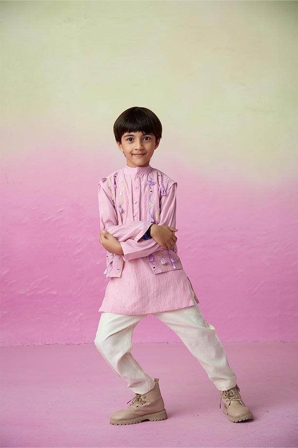 Little Explorer- Orchid Pink Hand Embroidered Kurta Jacket & Pants Set for Boys - Totdot