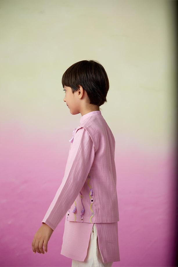 Little Explorer- Orchid Pink Hand Embroidered Kurta Jacket & Pants Set for Boys - Totdot