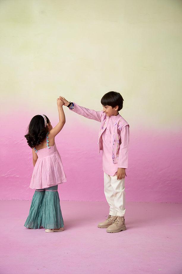 Little Explorer- Orchid Pink Hand Embroidered Kurta Jacket & Pants Set for Boys - Totdot