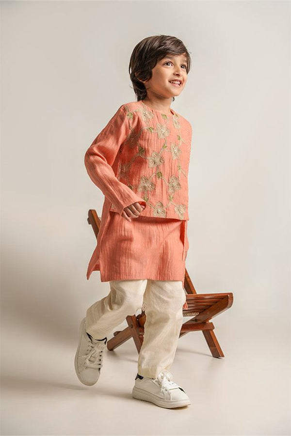 Little Muffin- Peach Chanderi Silk Hand Embroidered Asymmetrical Kurta & White Pants Set for Boys - Totdot