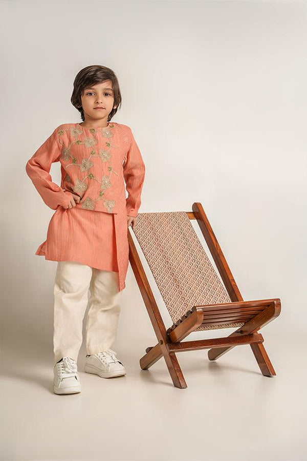 Little Muffin- Peach Chanderi Silk Hand Embroidered Asymmetrical Kurta & White Pants Set for Boys - Totdot