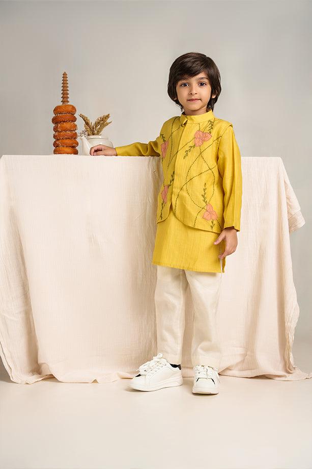 Little Star- Yellow Chanderi Silk Hand Embroidered Collared Jacket with Kurta & White Pants Set for Boys - Totdot