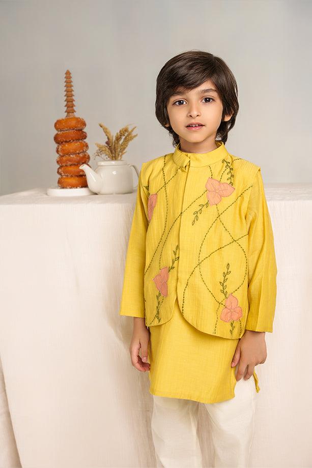 Little Star- Yellow Chanderi Silk Hand Embroidered Collared Jacket with Kurta & White Pants Set for Boys - Totdot