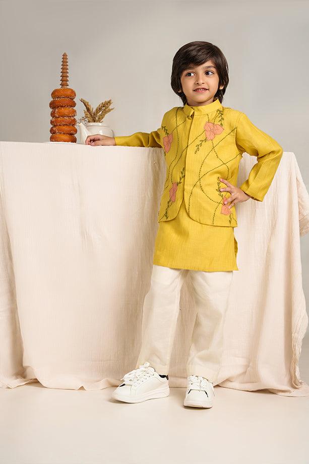 Little Star- Yellow Chanderi Silk Hand Embroidered Collared Jacket with Kurta & White Pants Set for Boys - Totdot