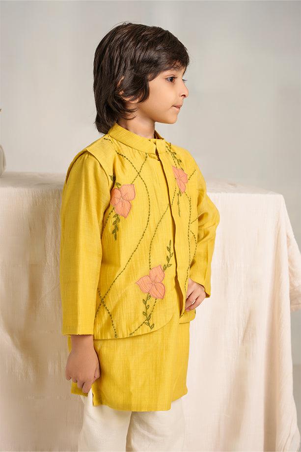 Little Star- Yellow Chanderi Silk Hand Embroidered Collared Jacket with Kurta & White Pants Set for Boys - Totdot